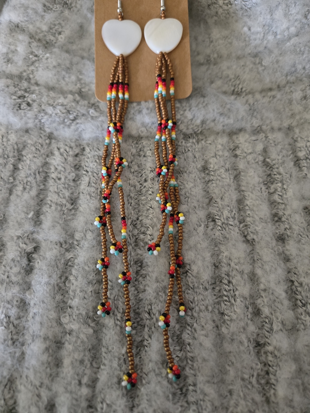 Handmade Multi-Color Beaded Heart Shell Drop Earrings - White & Brown
